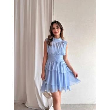 Moda Durağı Massimo Drapeli,dik Yaka,kolsuz,mini,fermuar Kapamalı,premium Kaliteli Şifon Elbise